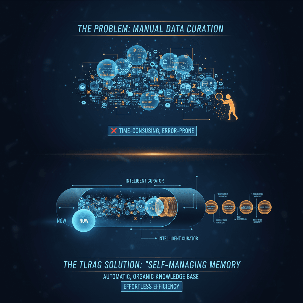 Diagram showing TLRAG condensing lengthy conversations into a curated memory stream.